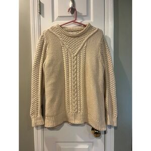 LL Bean Signature Womens Cream Cable Knit Cotton Sweater Large Popcorn